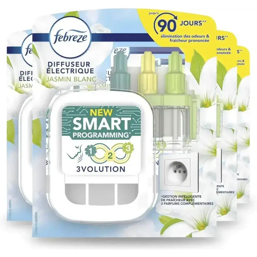 Diffusion d’air Febreze 3volution avec recharge jasmin blanc dans le kit de démarrage