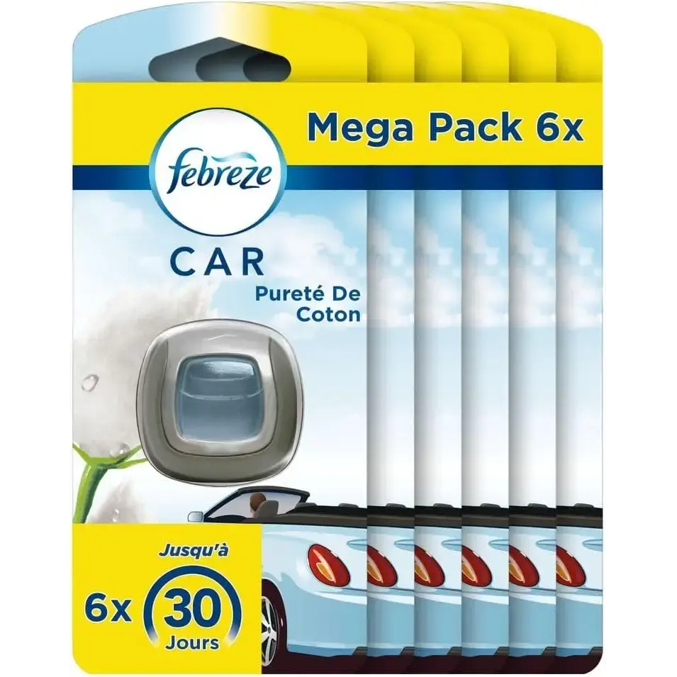 Mega Pack Febreze Désodorisant Voiture 6 Refills Pureté de Coton Élimine Odeurs