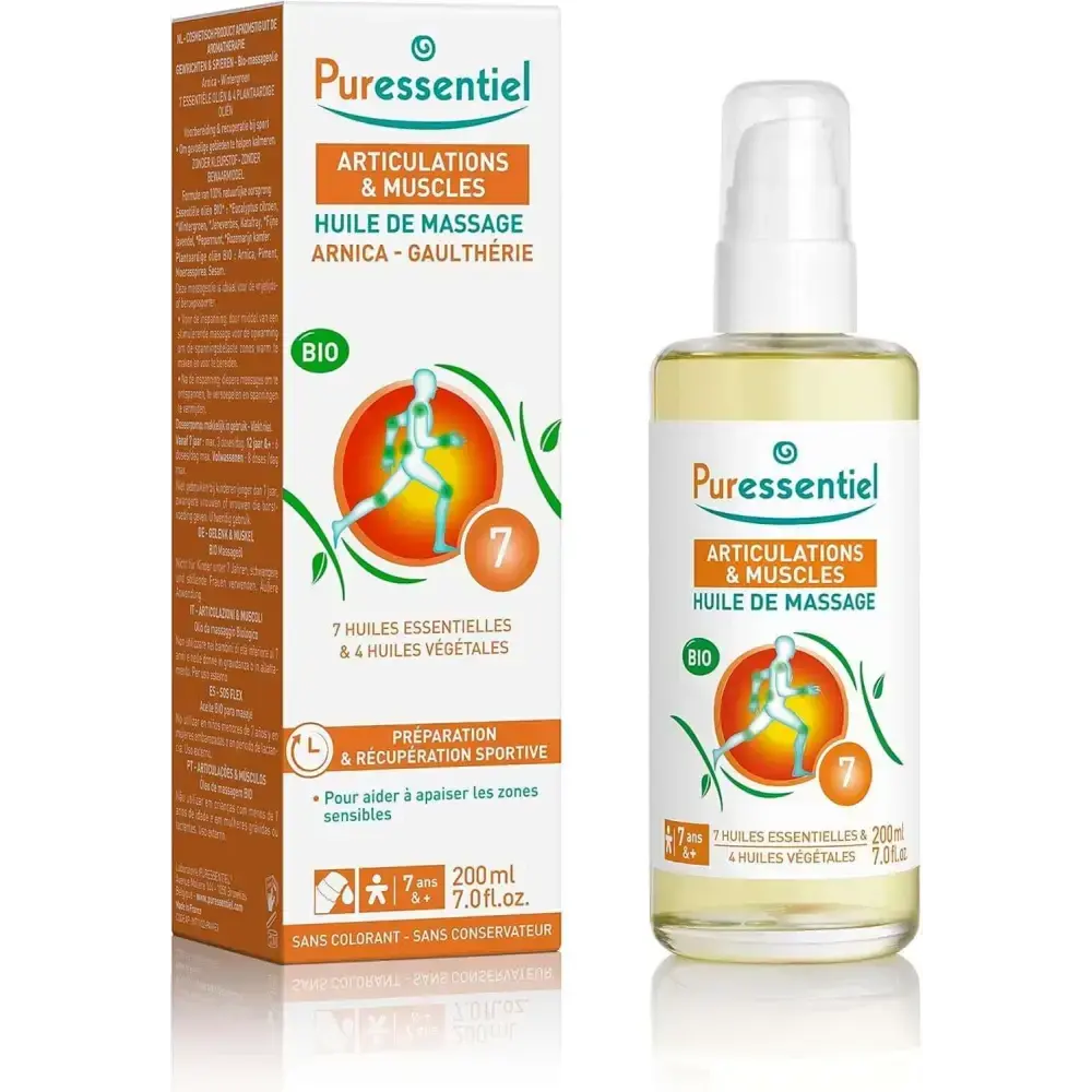 Huile de massage bio Puressentiel aux huiles essentielles pour muscles fatigués