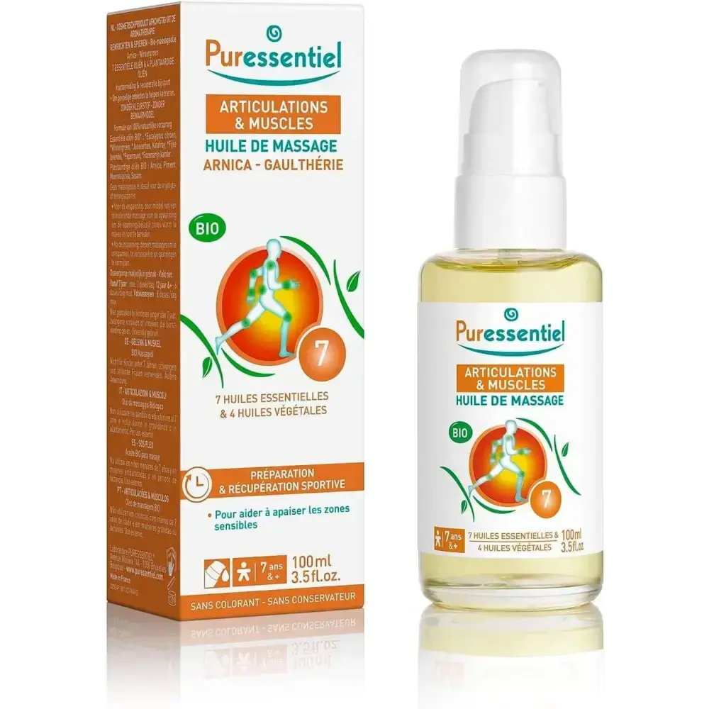 Flacon et emballage de Huile de massage bio Puressentiel pour muscles fatigués avec arnica