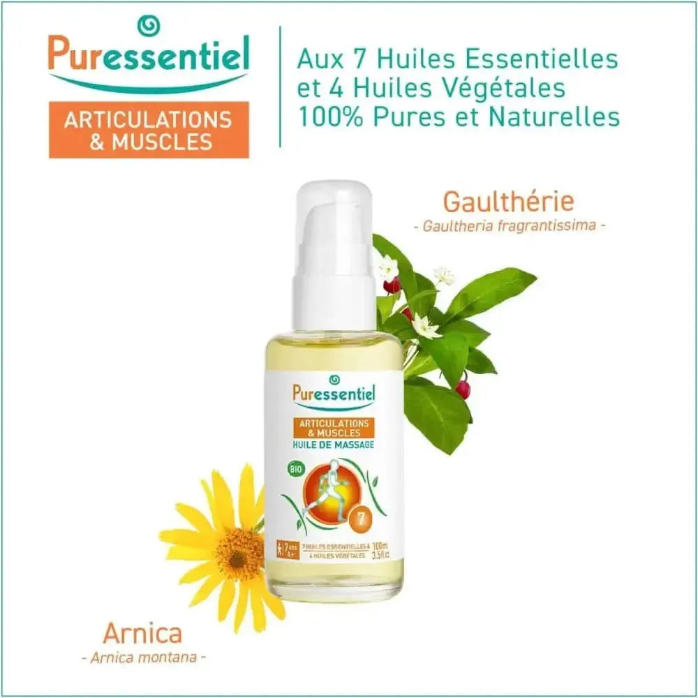 Bouteille de Huile de massage bio Puressentiel pour muscles fatigués avec Arnica et Wintergreen