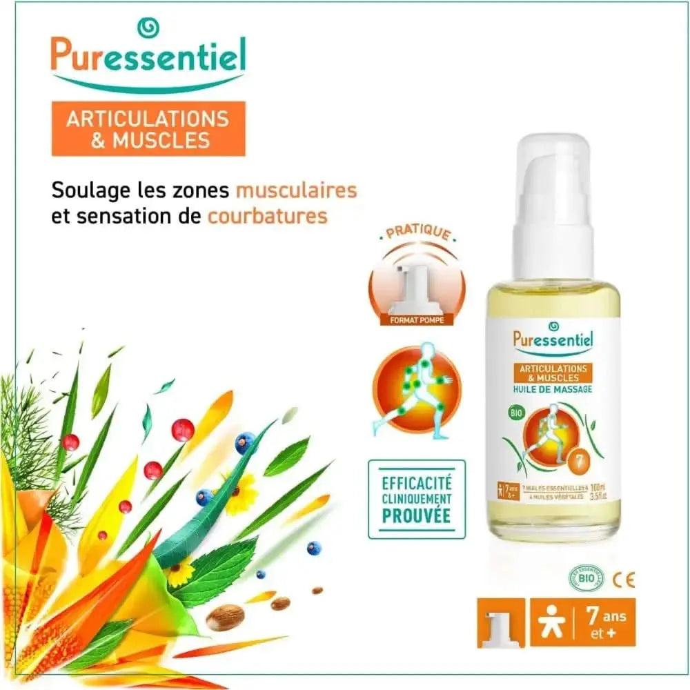 Huile de massage bio Puressentiel pour muscles fatigués avec illustrations botaniques