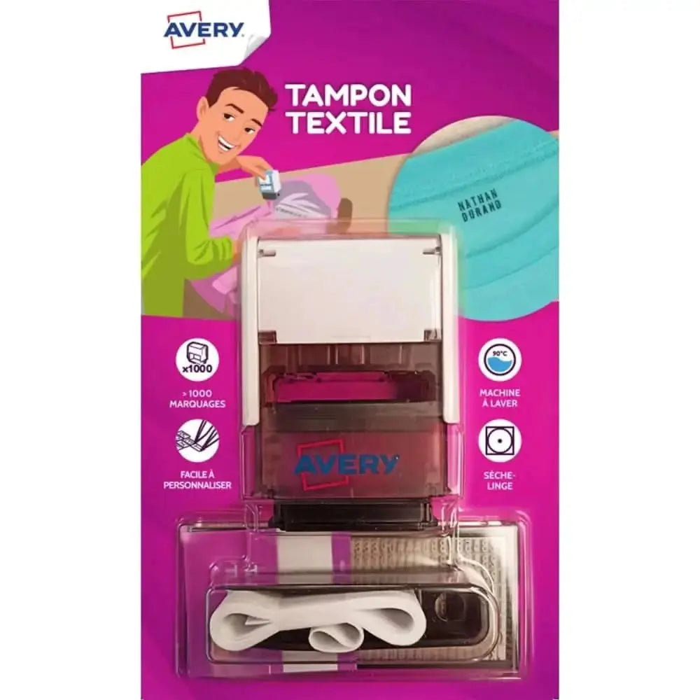 Tampon textile personnalisable Avery avec des composants rose et blanc en blister