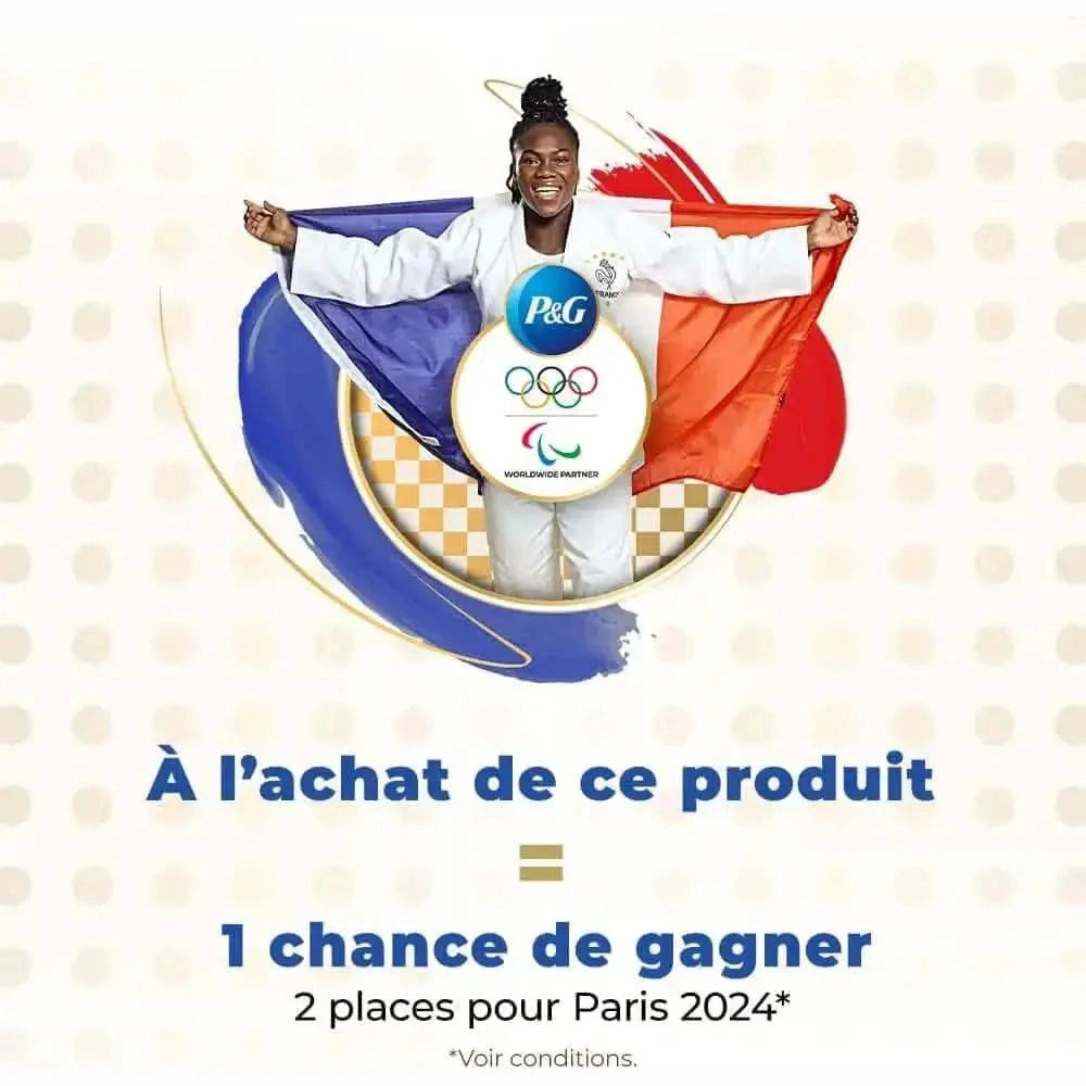 Publicité promotionnelle P&G pour le concours de tickets Paris 2024 avec couleurs Françaises